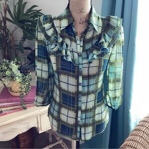 Kensie Plaid Ruffle Blouse - Olive Green, Turquoise, and Blue